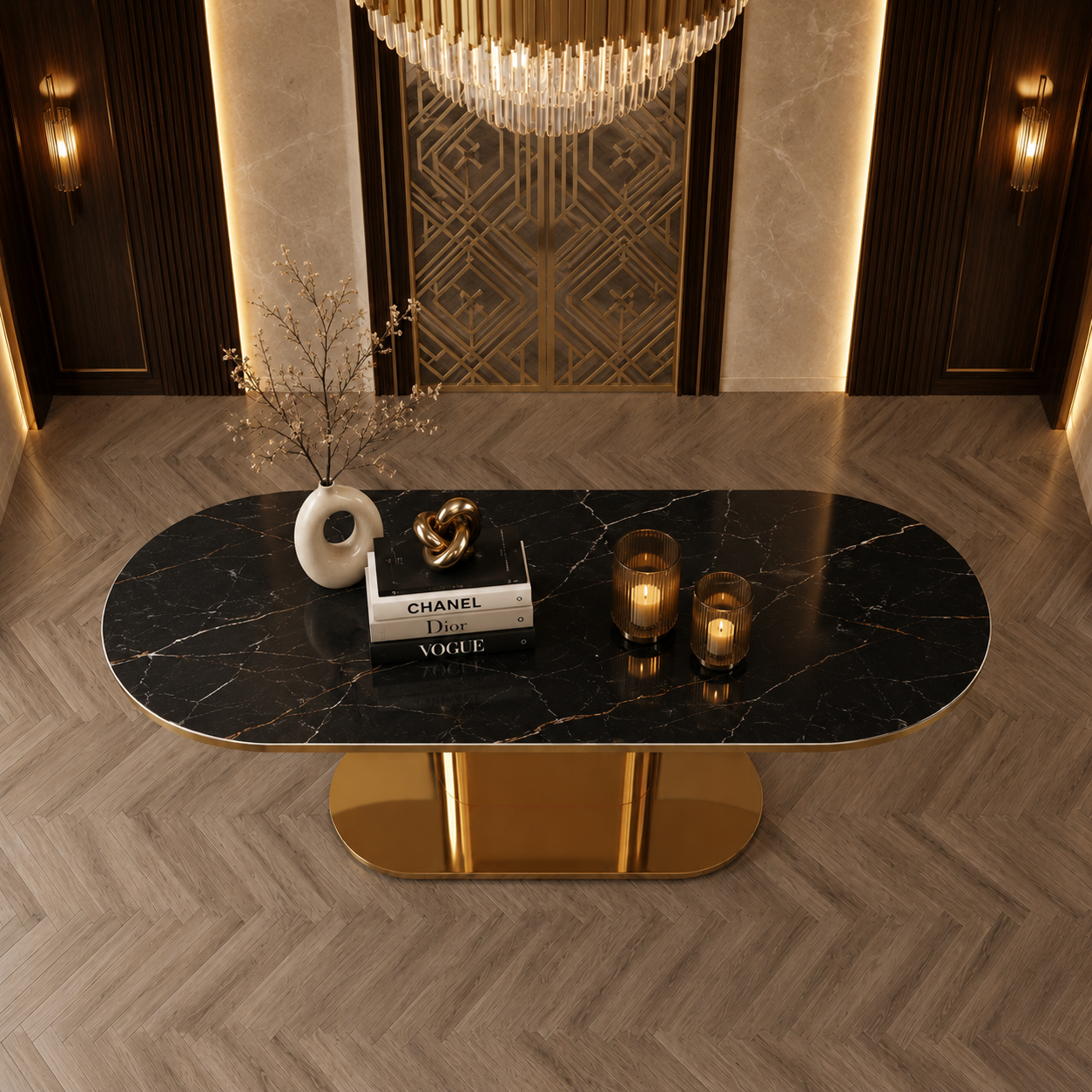 Elegant Pill-Shaped Gold Metal Luxury Statement Table