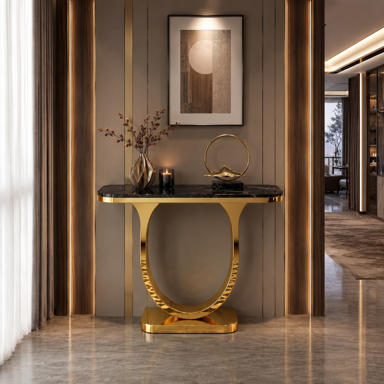 Premium Gold Stainless Steel Curved Pedestal Entryway Table
