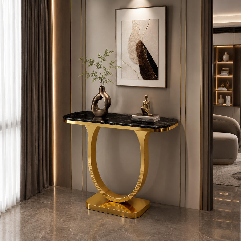 Premium Gold Stainless Steel Curved Pedestal Entryway Table