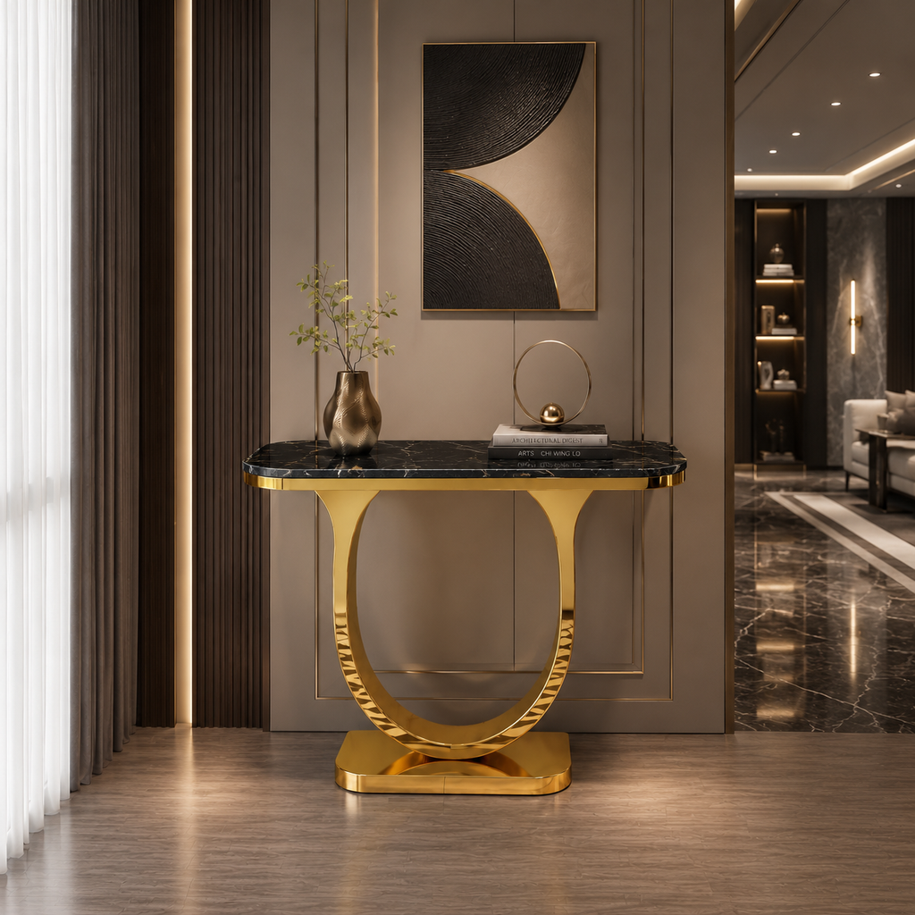 Premium Gold Stainless Steel Curved Pedestal Entryway Table