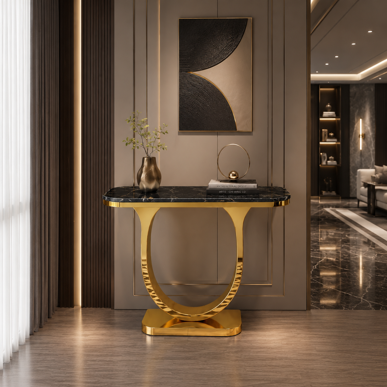 Premium Gold Stainless Steel Curved Pedestal Entryway Table