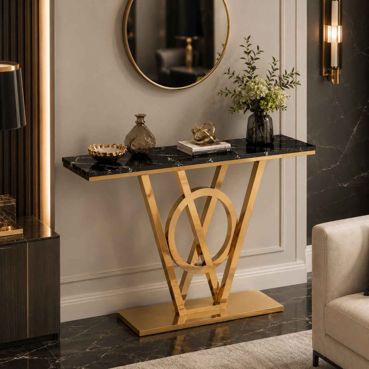 Elegant Ring and Triangle Pedestal Gold Metal Statement Table