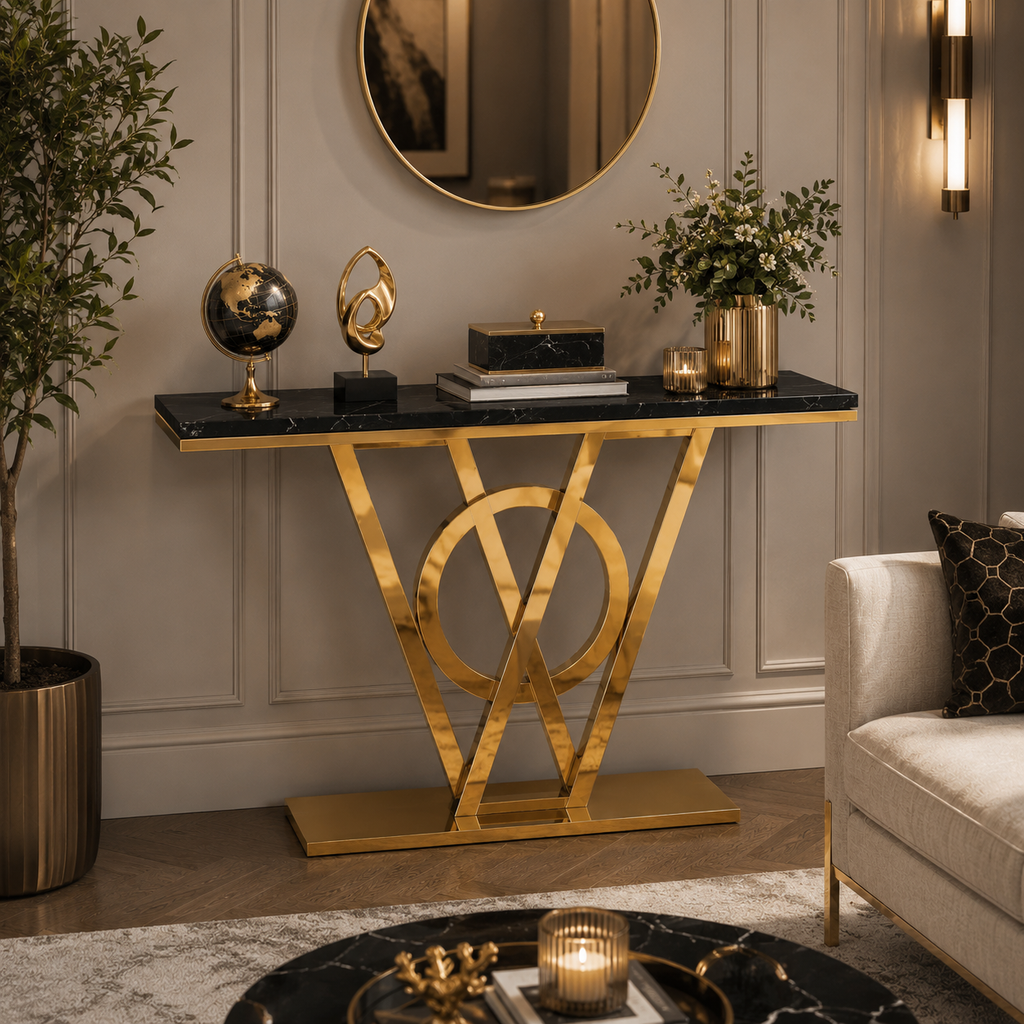 Elegant Ring and Triangle Pedestal Gold Metal Statement Table