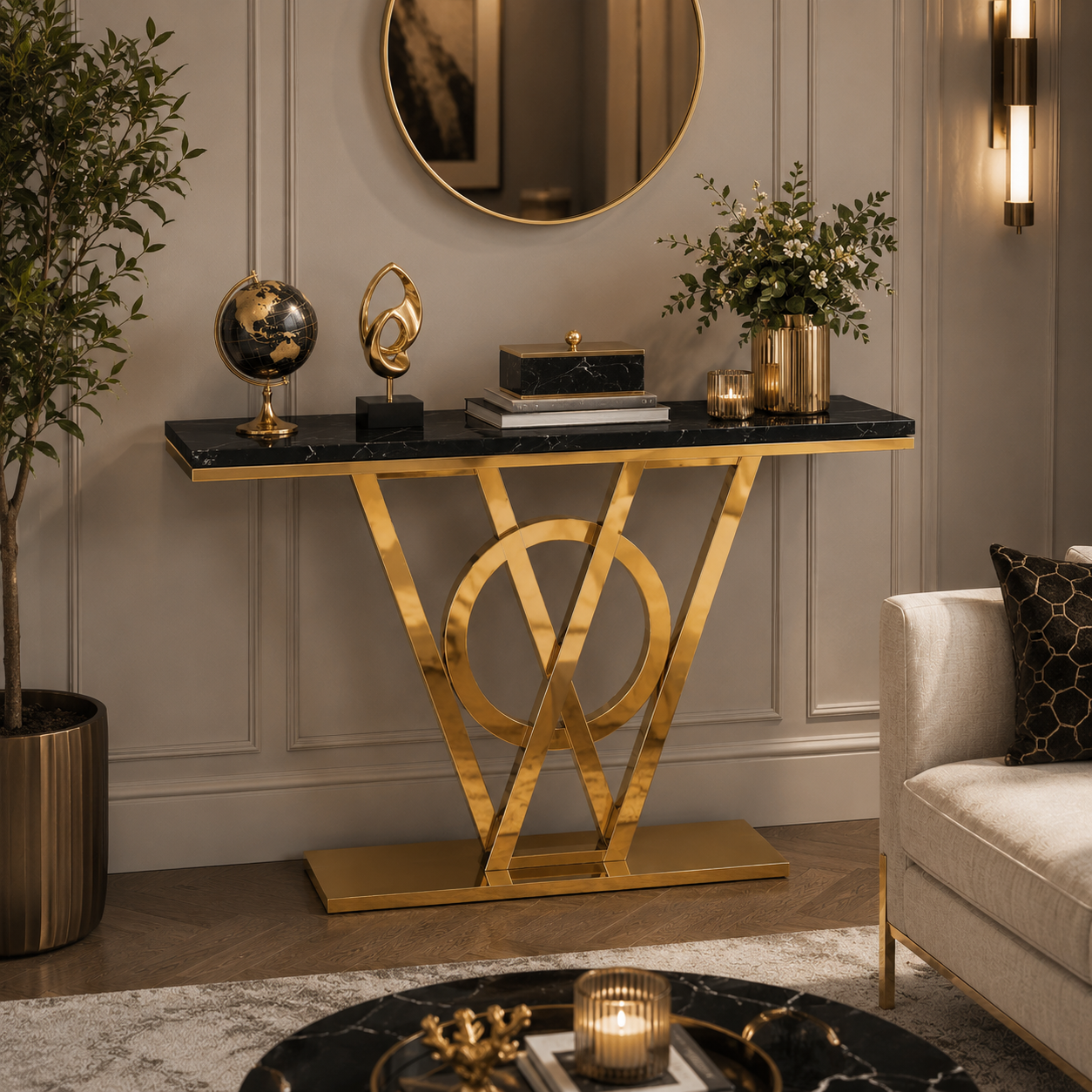 Elegant Ring and Triangle Pedestal Gold Metal Statement Table