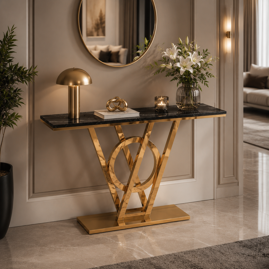 Elegant Ring and Triangle Pedestal Gold Metal Statement Table
