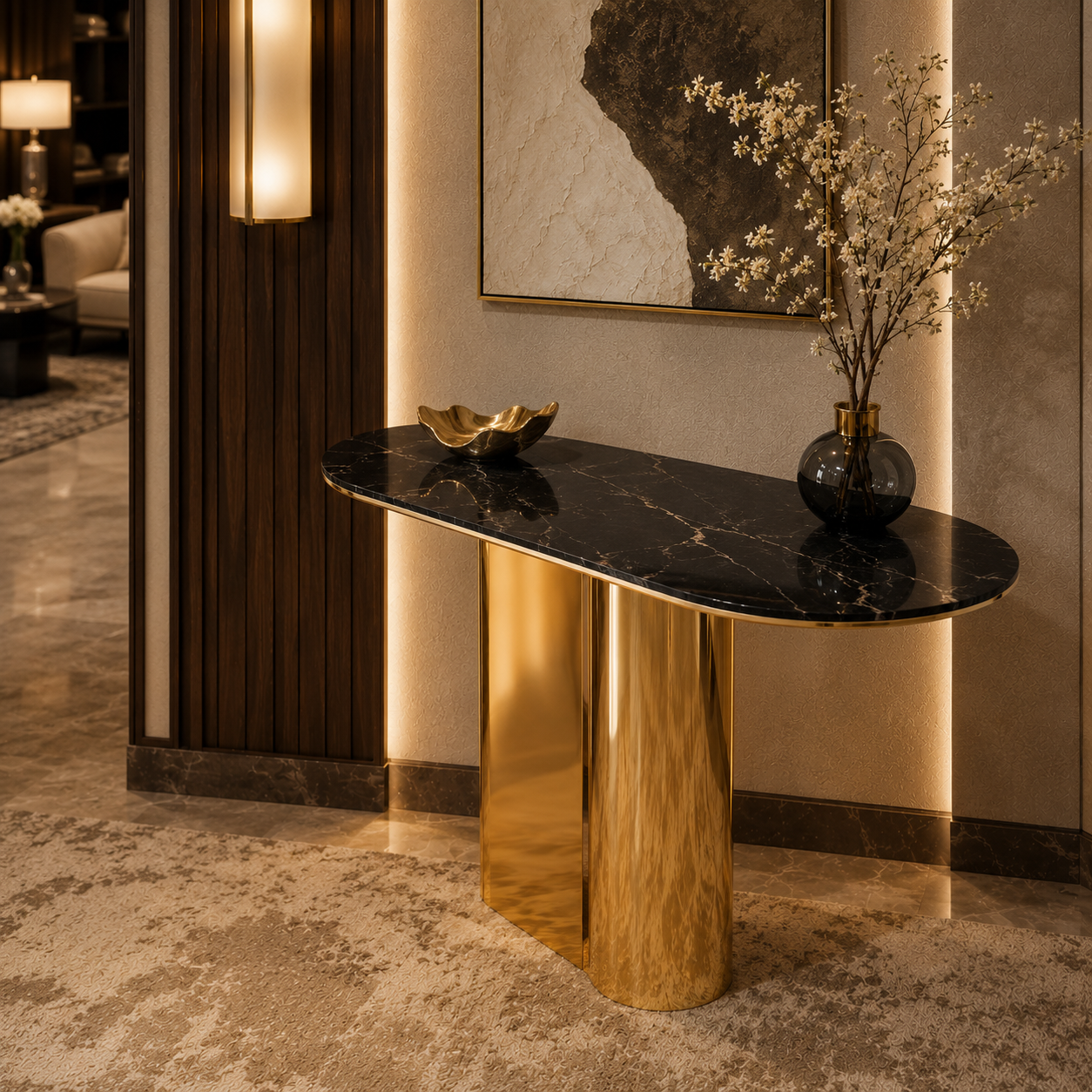 Elegant Tapered Pillar Gold Metal Statement Table