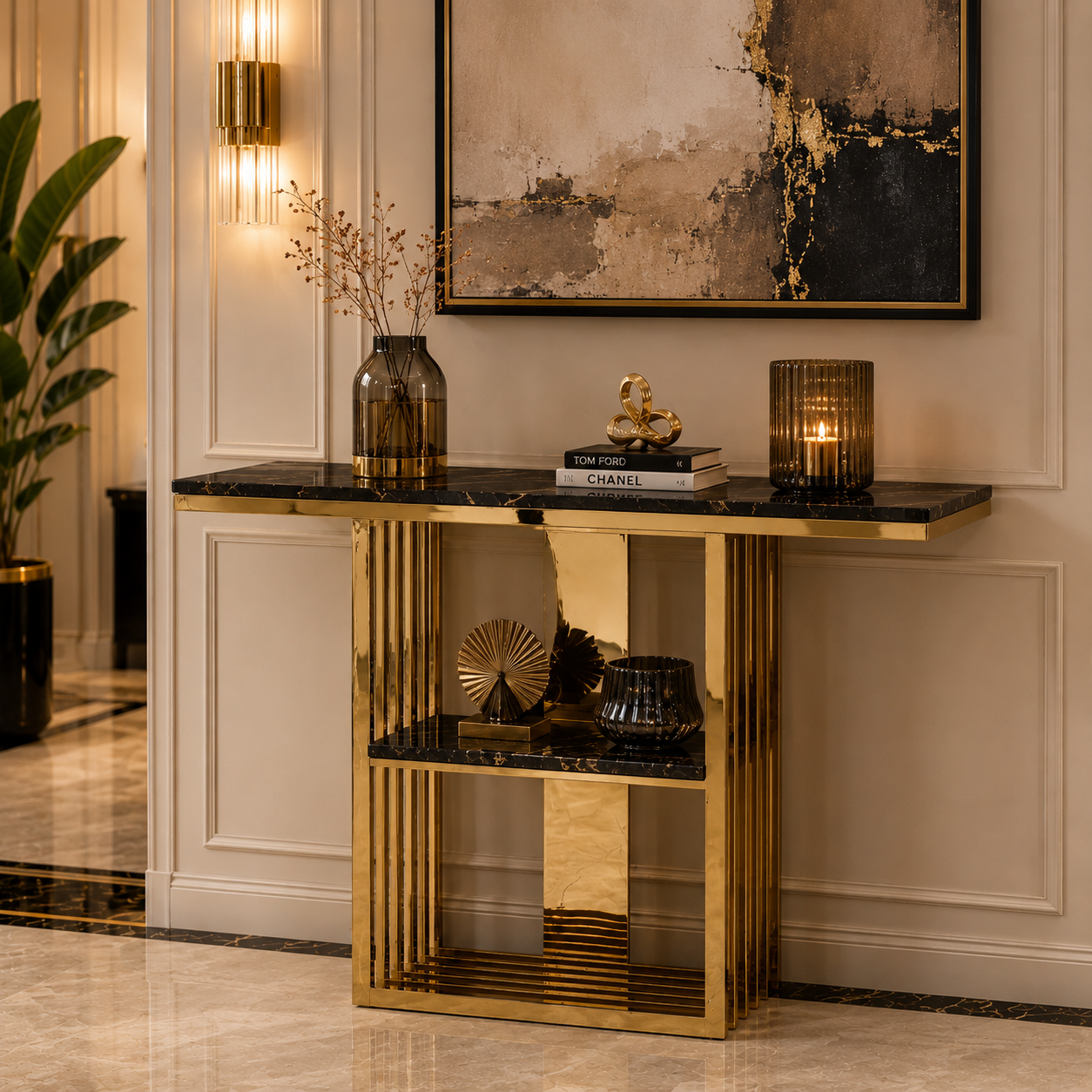 Elegant Vertical Bar Gold Metal Luxury Display Shelf Table