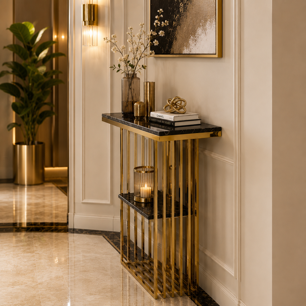 Elegant Vertical Bar Gold Metal Luxury Display Shelf Table