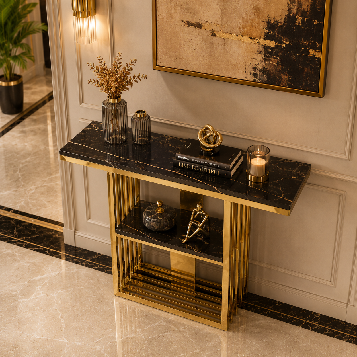 Elegant Vertical Bar Gold Metal Luxury Display Shelf Table