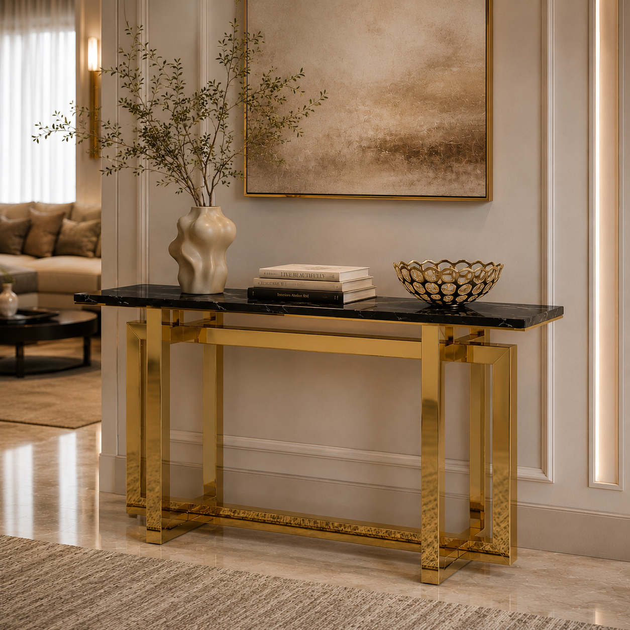 Premium Gold Stainless Steel Interlocking Rectangular Entryway Table
