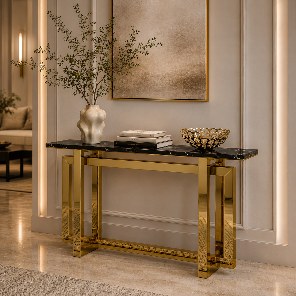 Premium Gold Stainless Steel Interlocking Rectangular Entryway Table