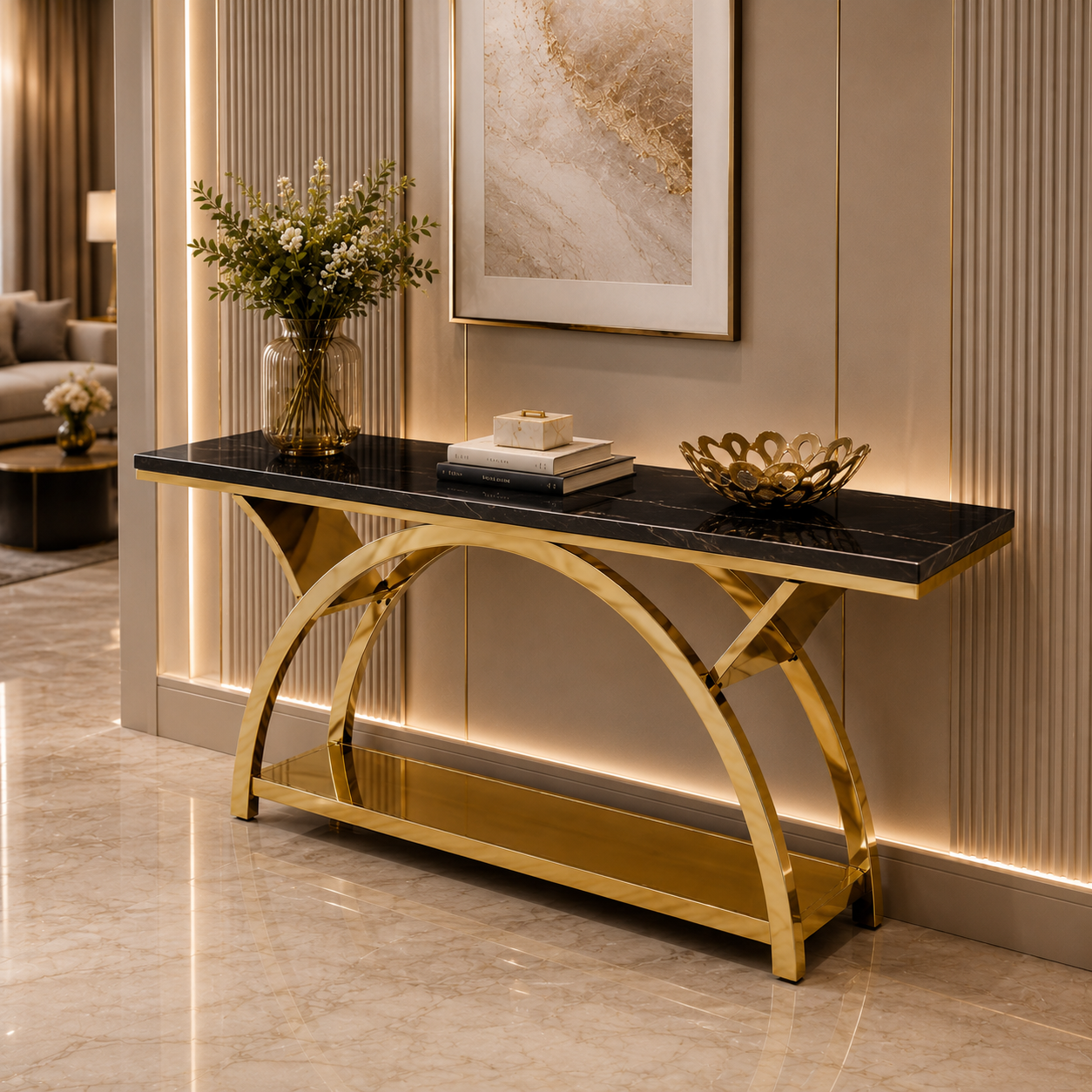 Premium Gold Stainless Steel Crescent Base Entryway Table