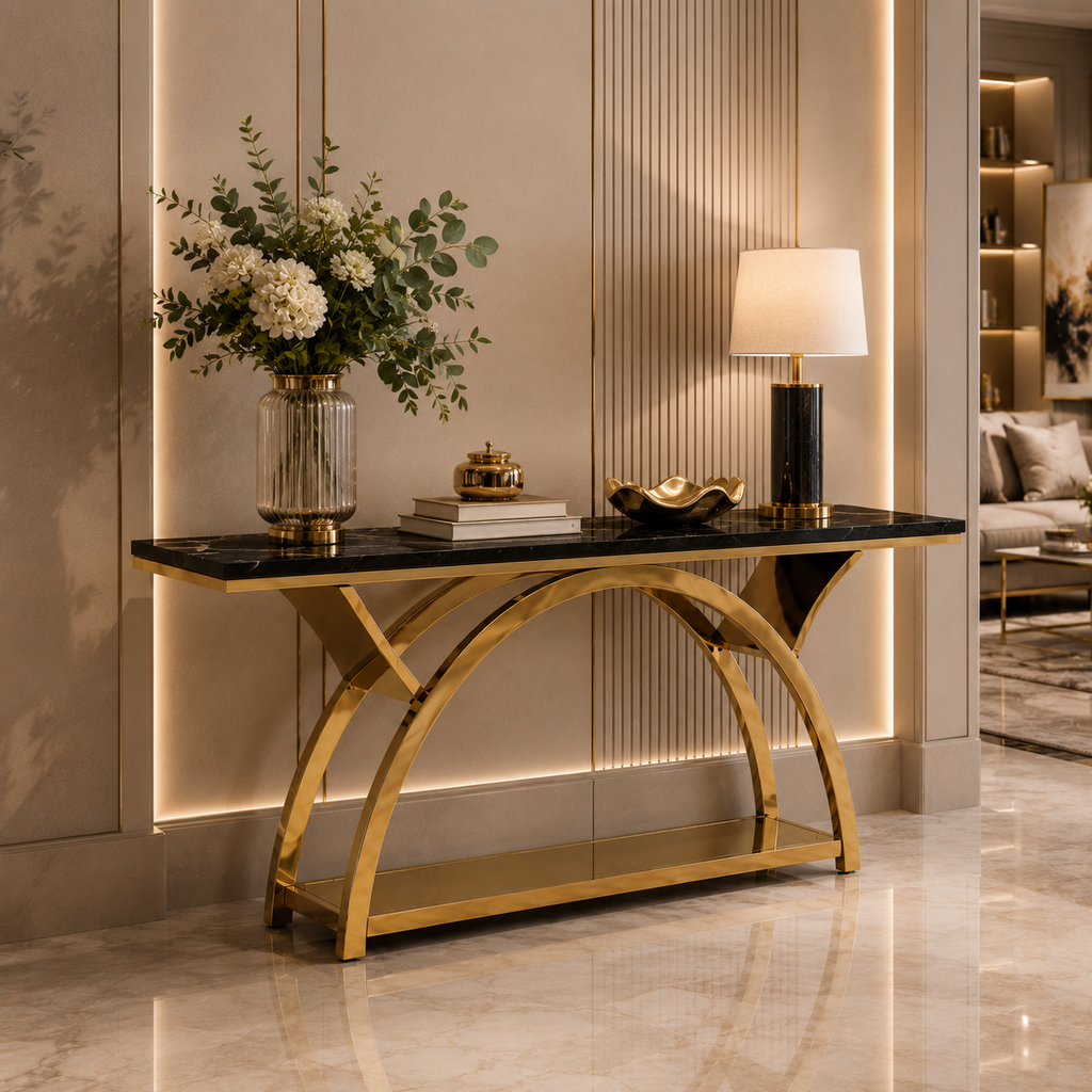 Premium Gold Stainless Steel Crescent Base Entryway Table
