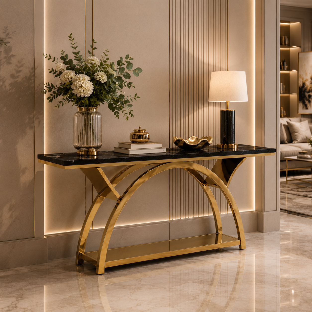 Premium Gold Stainless Steel Crescent Base Entryway Table