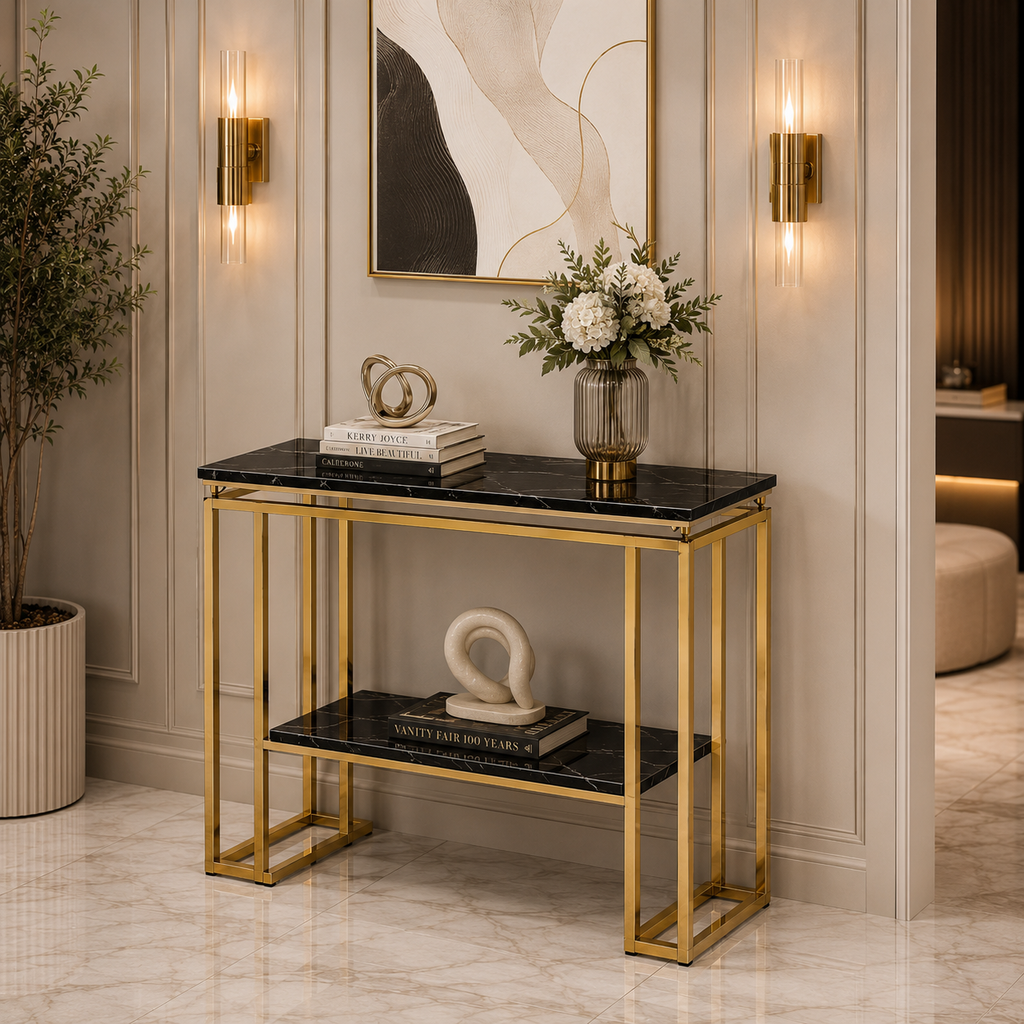 Modern Geometric Tiered Runway Gold SS Luxury Console Table
