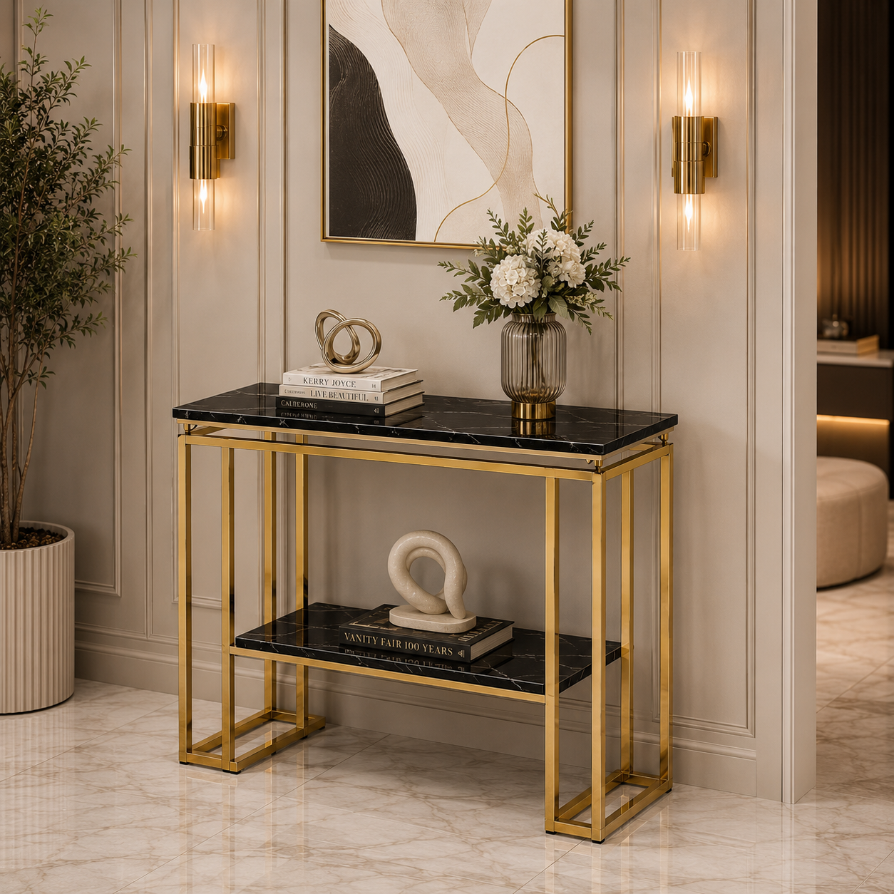 Modern Geometric Tiered Runway Gold SS Luxury Console Table