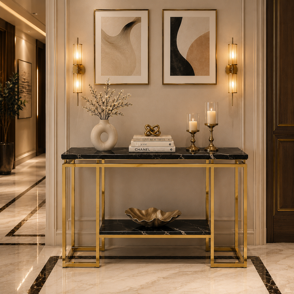 Modern Geometric Tiered Runway Gold SS Luxury Console Table