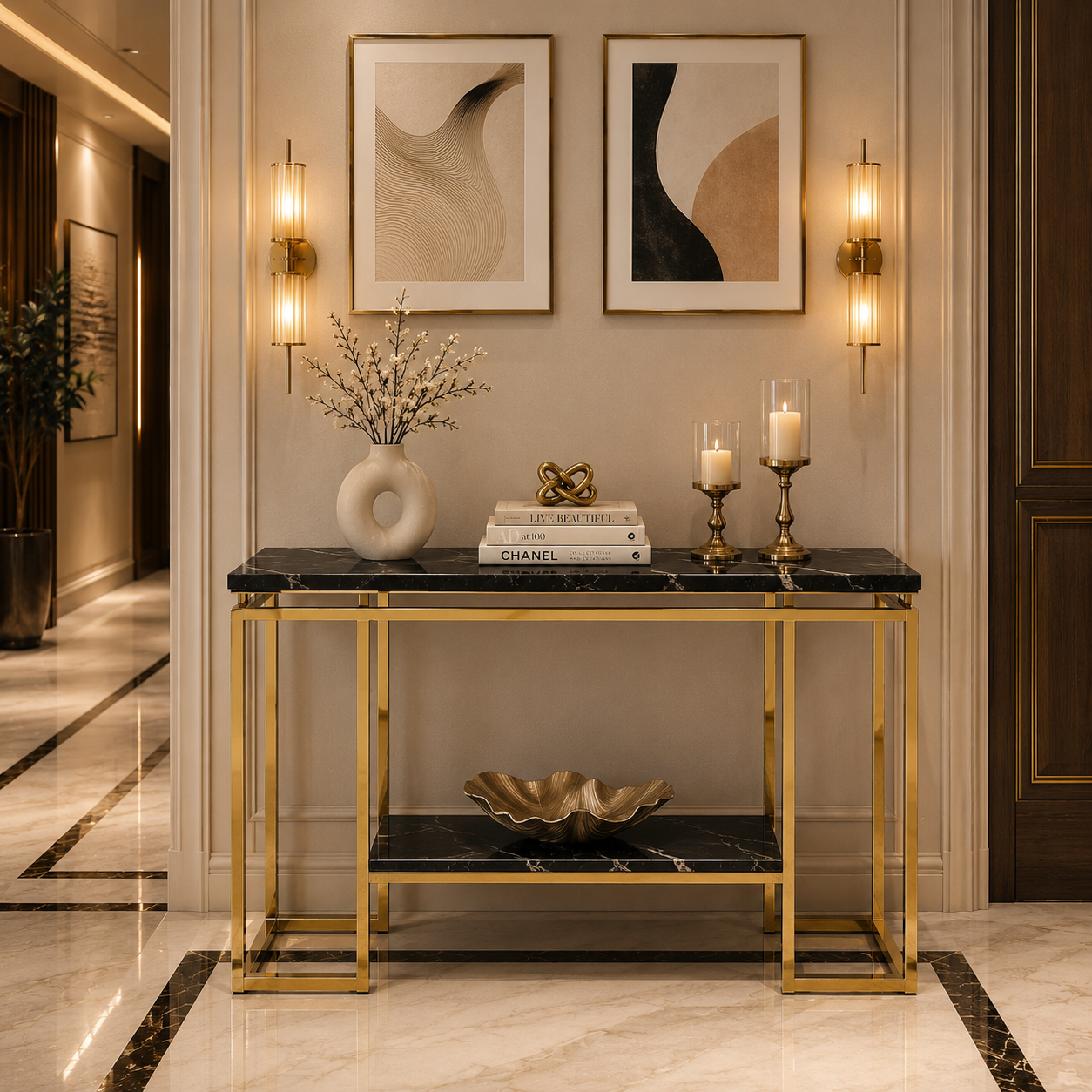 Modern Geometric Tiered Runway Gold SS Luxury Console Table
