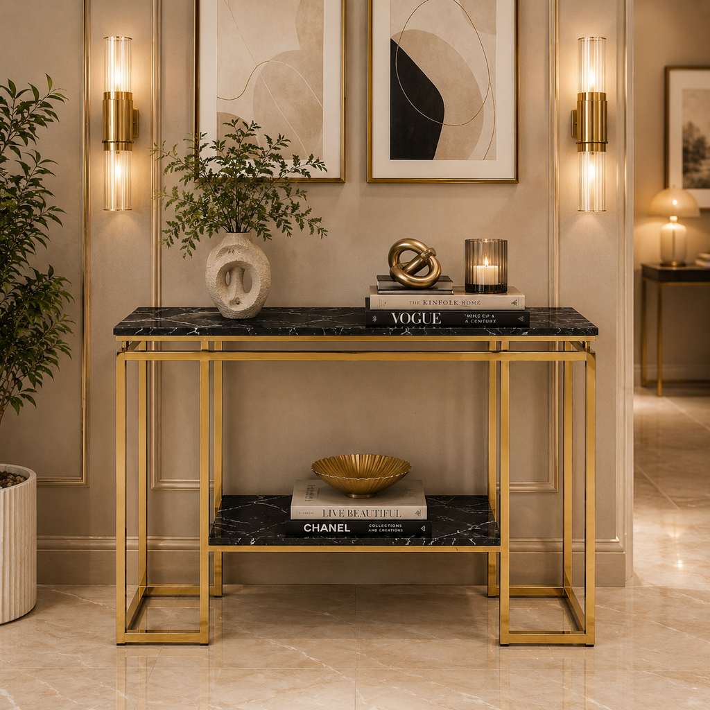 Modern Geometric Tiered Runway Gold SS Luxury Console Table