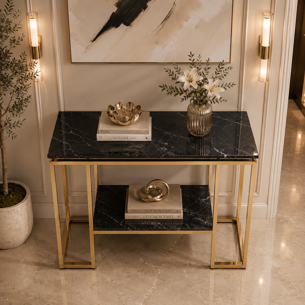 Modern Geometric Tiered Runway Gold SS Luxury Console Table