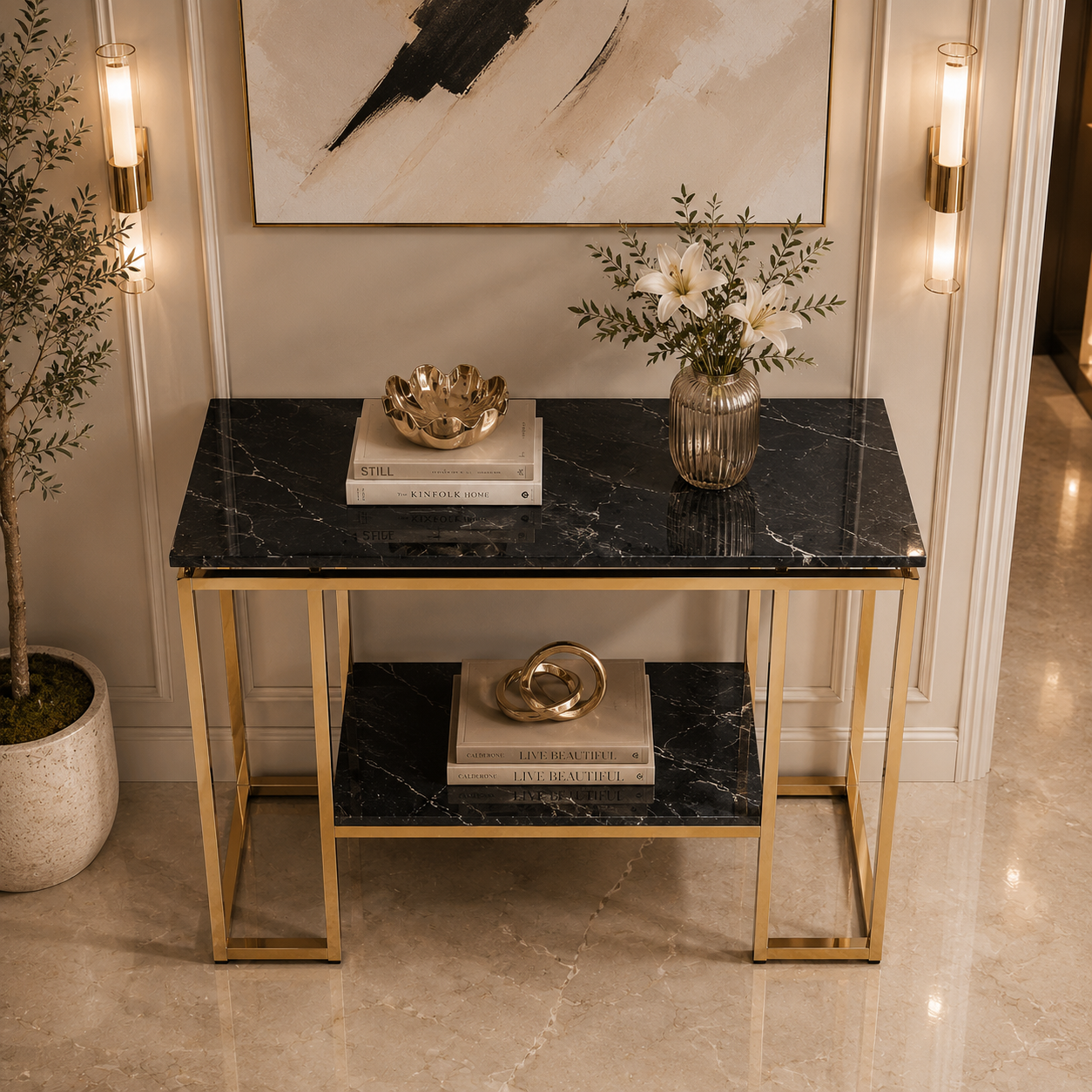 Modern Geometric Tiered Runway Gold SS Luxury Console Table