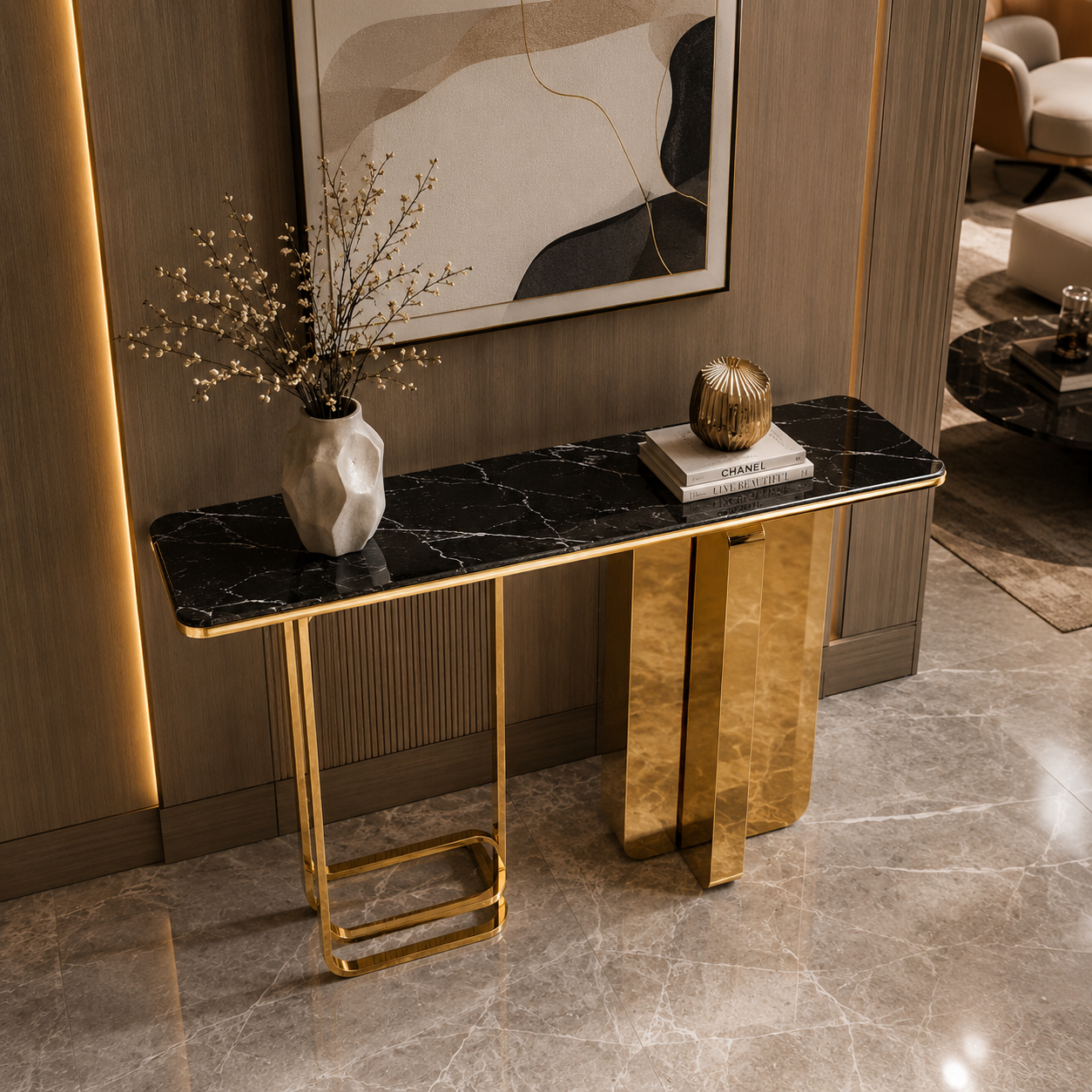 Premium Gold Stainless Steel Open Loop & Pillar Entryway Table