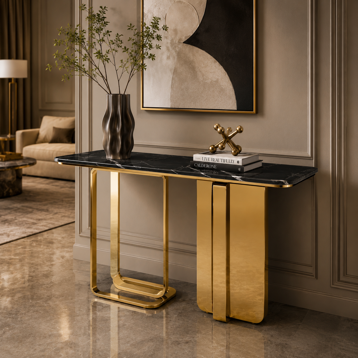 Premium Gold Stainless Steel Open Loop & Pillar Entryway Table