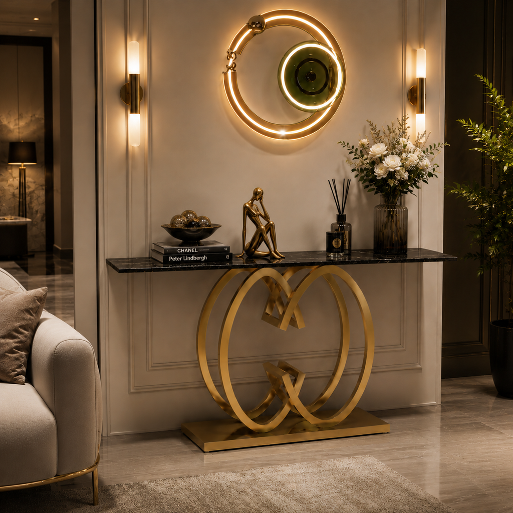 Elegant Butterfly Silhouette Gold Metal Statement Foyer Table