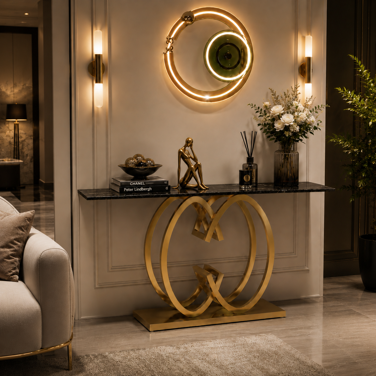 Elegant Butterfly Silhouette Gold Metal Statement Foyer Table