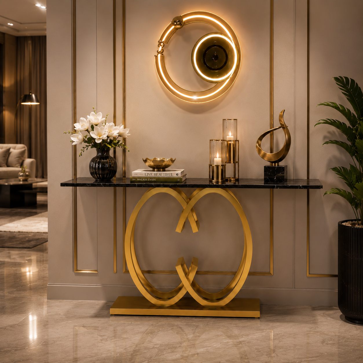 Elegant Butterfly Silhouette Gold Metal Statement Foyer Table