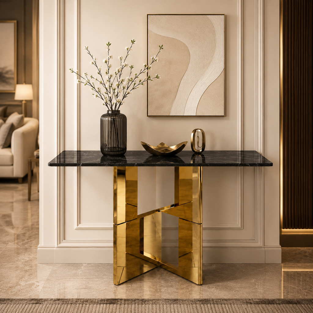 Premium Gold Stainless Steel Overlapping Cube Entryway Table