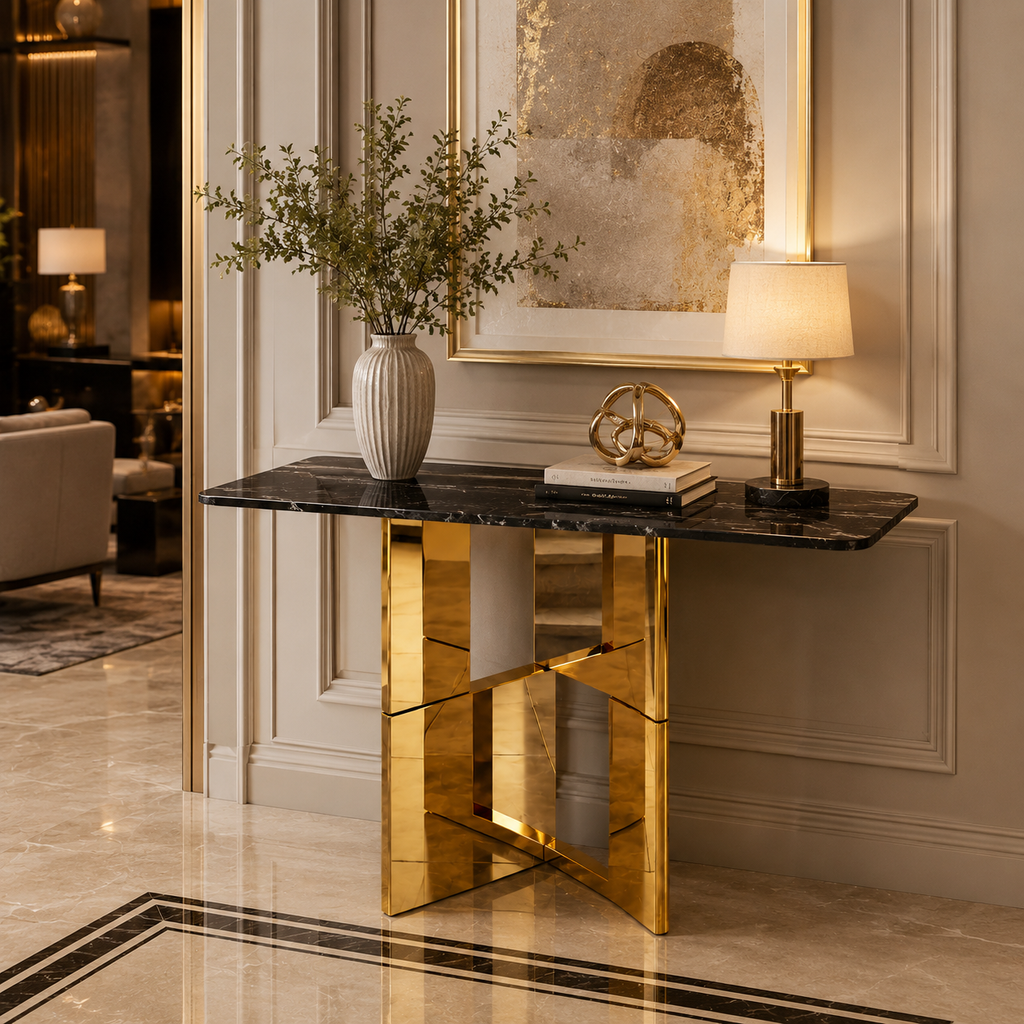 Premium Gold Stainless Steel Overlapping Cube Entryway Table