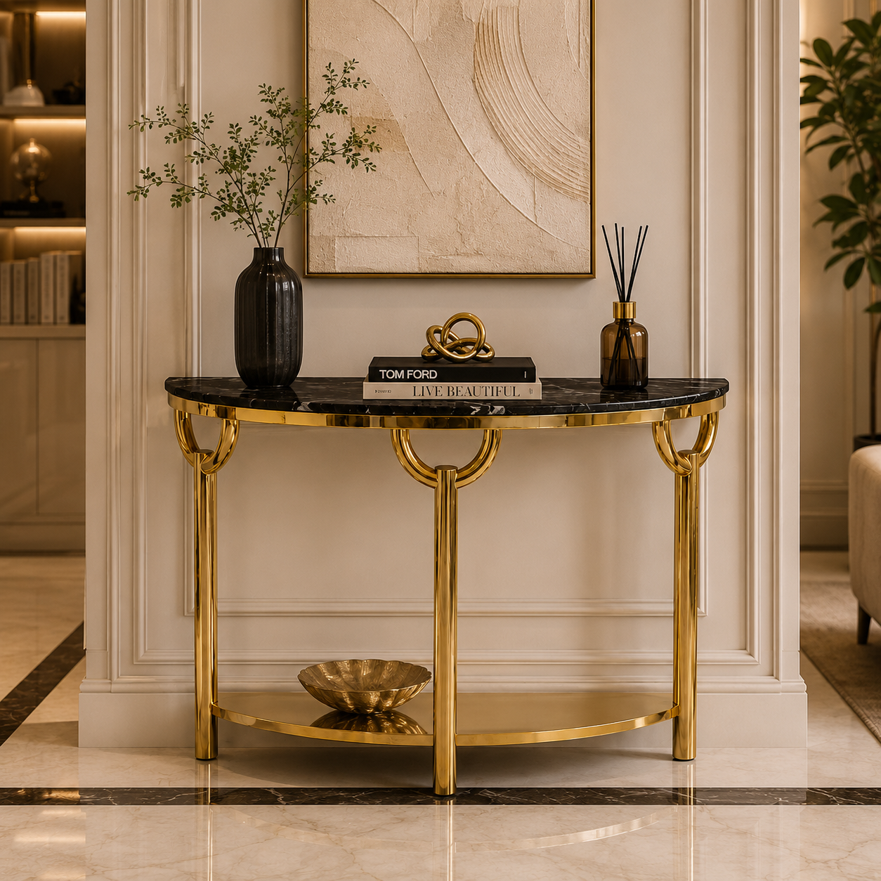Elegant 3-Leg Loop Accent Gold Metal Statement Foyer Table
