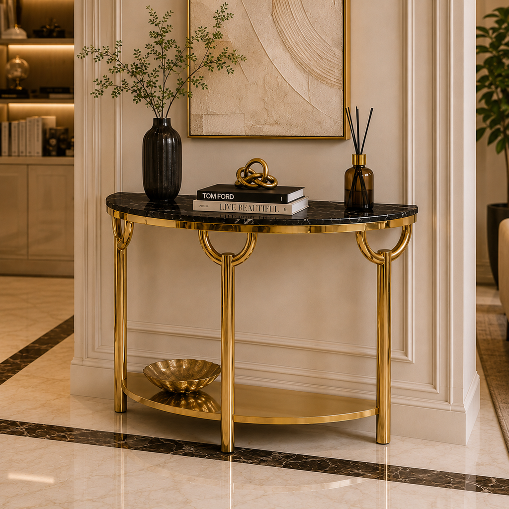 Elegant 3-Leg Loop Accent Gold Metal Statement Foyer Table
