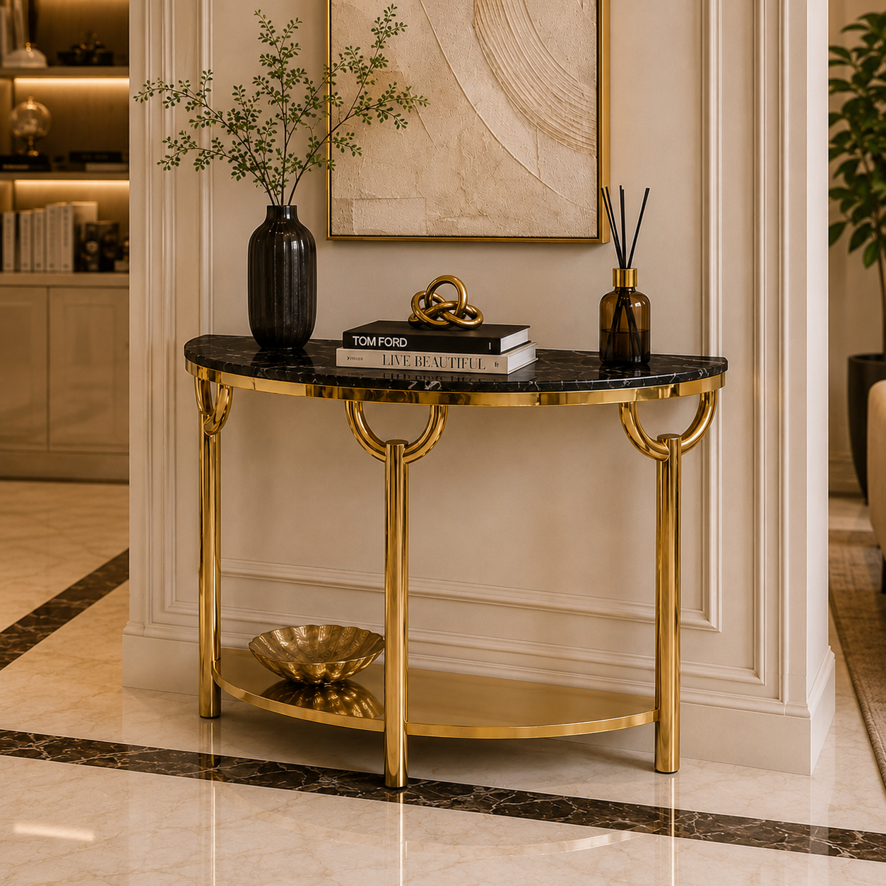 Elegant 3-Leg Loop Accent Gold Metal Statement Foyer Table