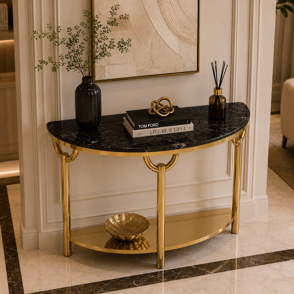 Elegant 3-Leg Loop Accent Gold Metal Statement Foyer Table