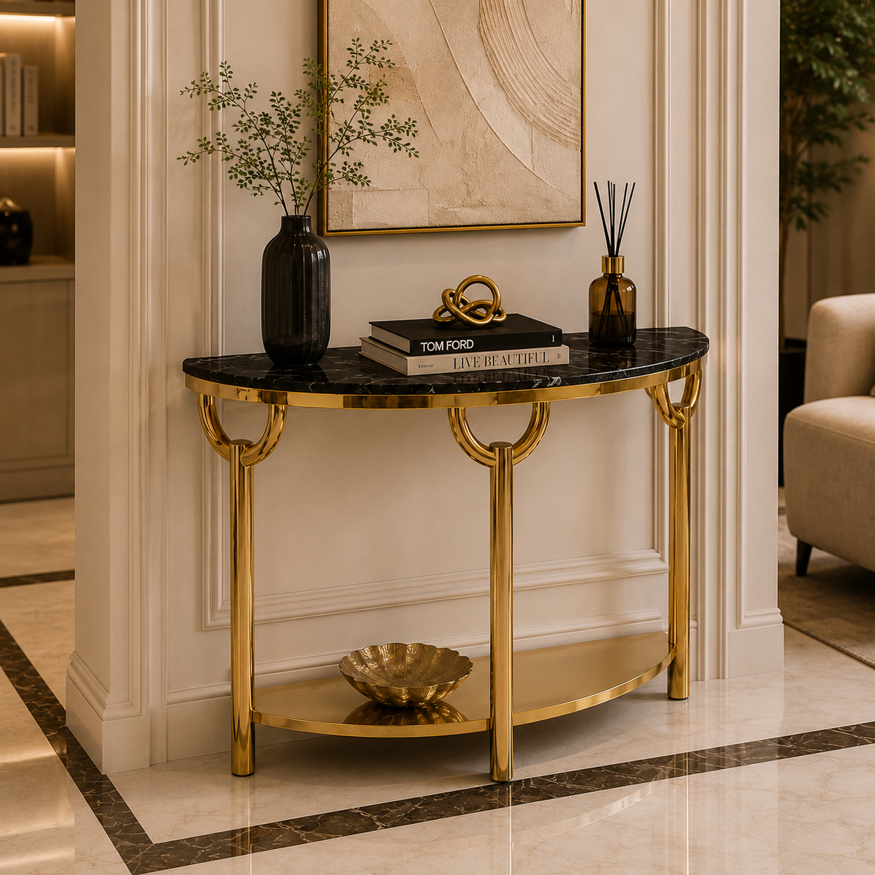 Elegant 3-Leg Loop Accent Gold Metal Statement Foyer Table