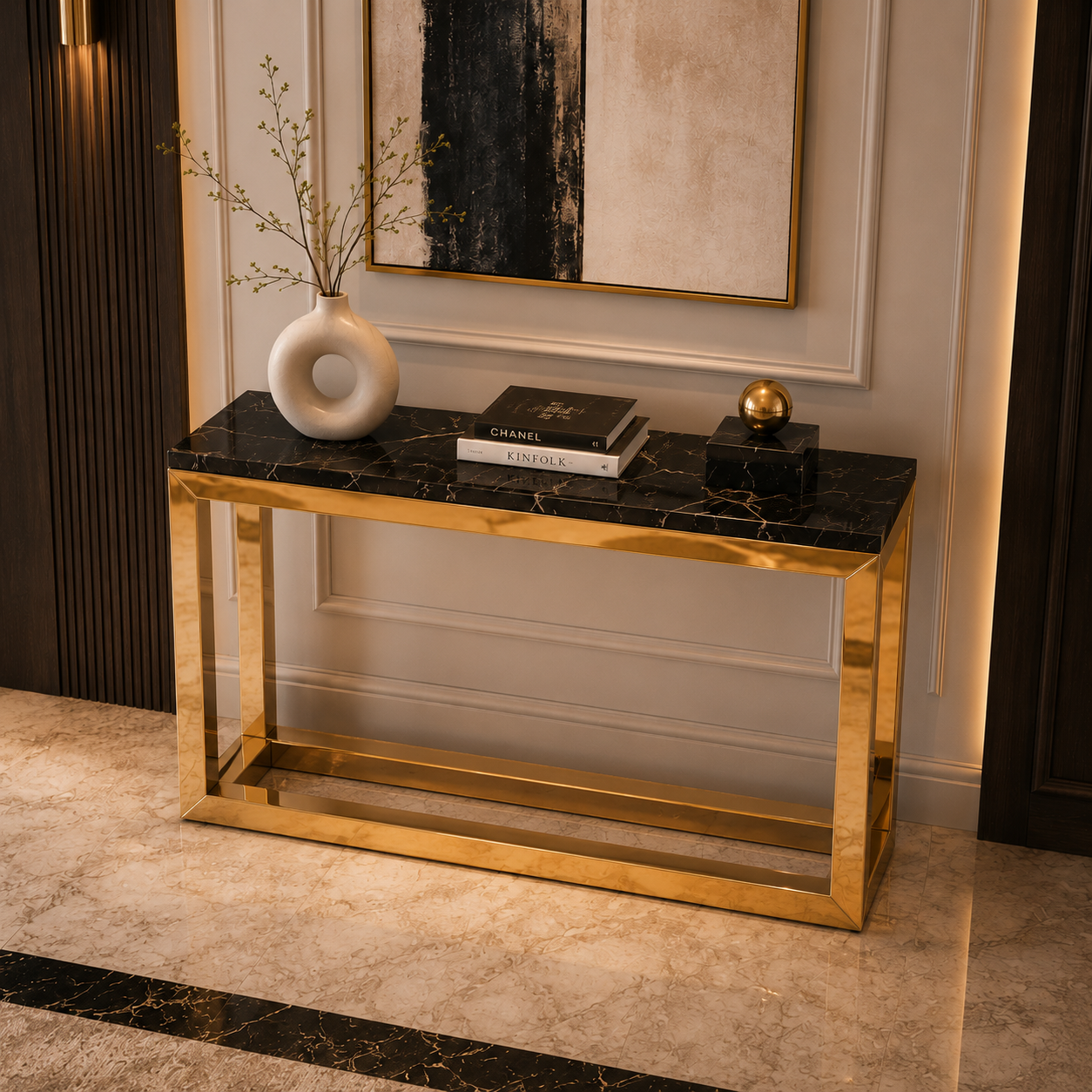 Modern Minimalist Hollow Block Gold SS Luxury Console Table