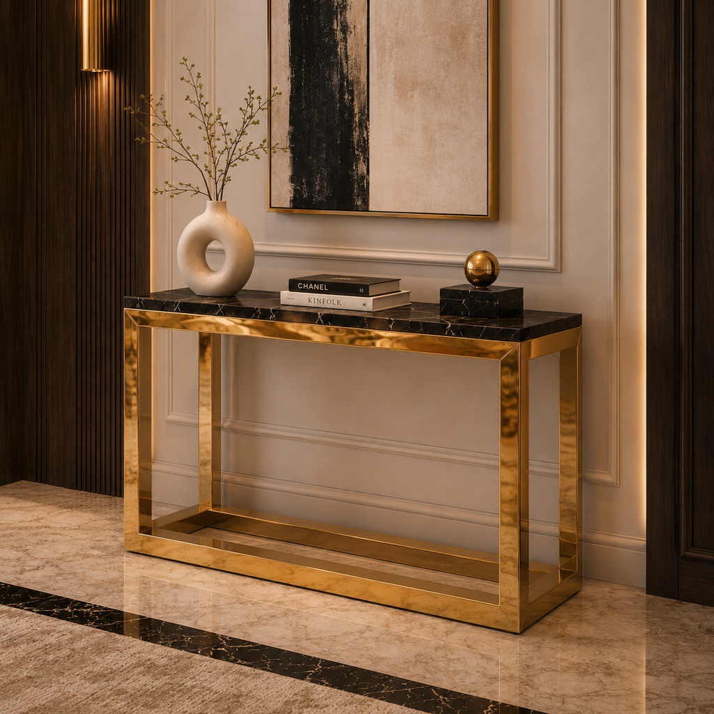 Modern Minimalist Hollow Block Gold SS Luxury Console Table