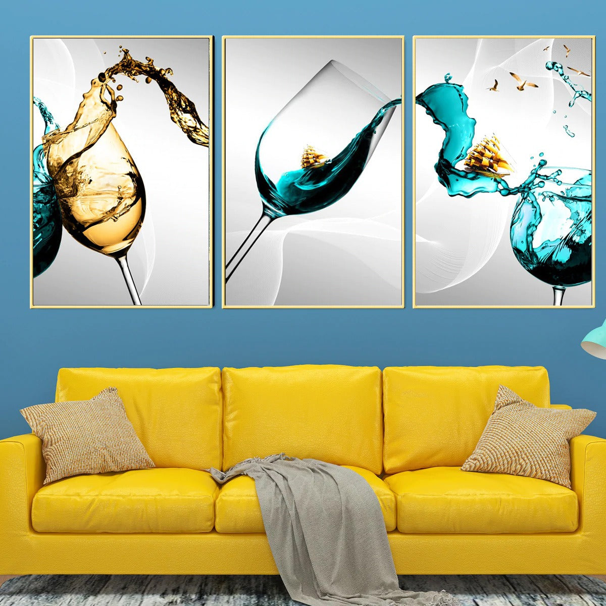 Colourful Vino splash Golden Framed Canvas Wall Paintings for Home