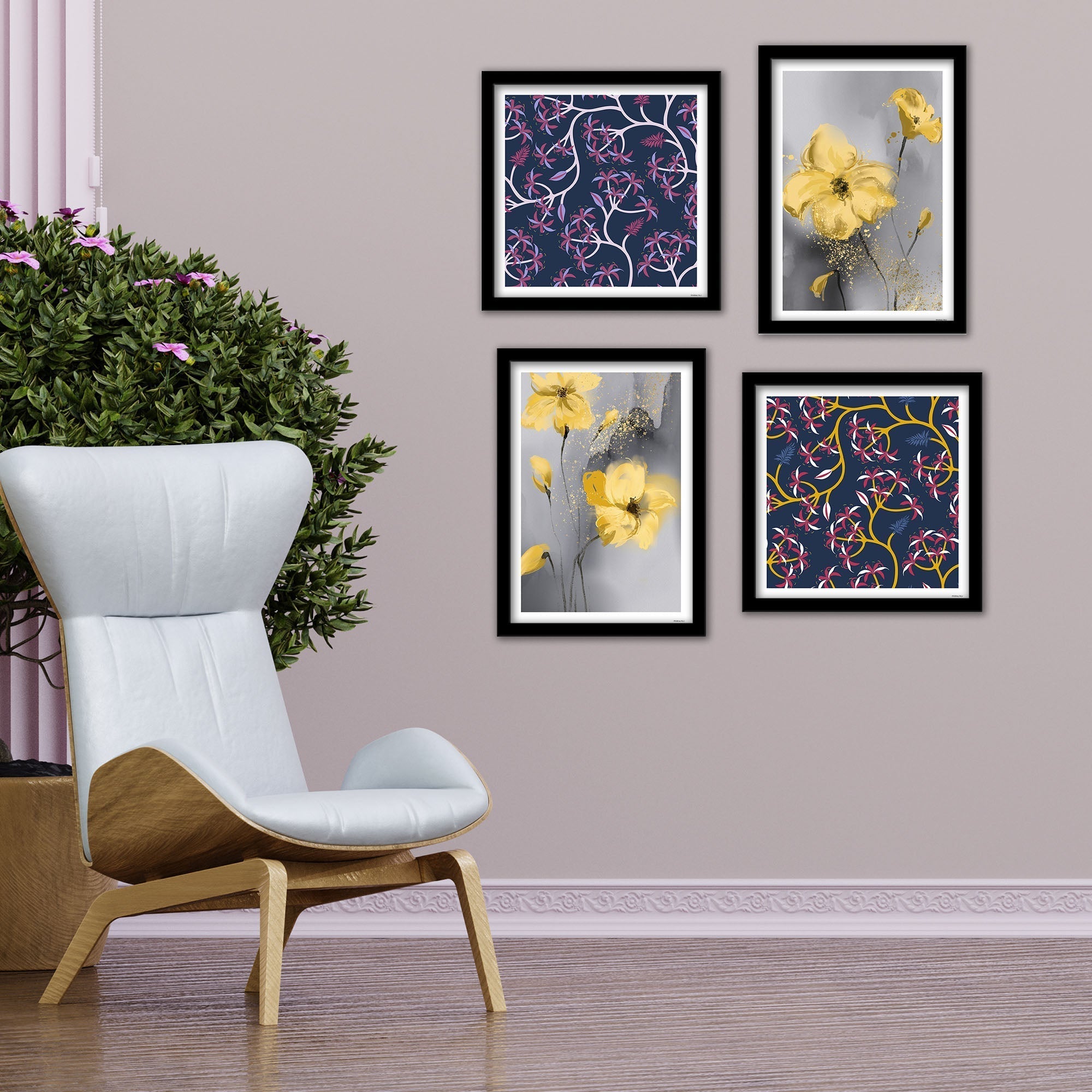 Abstract Blooming Flowers Wall Frame Set of Four
