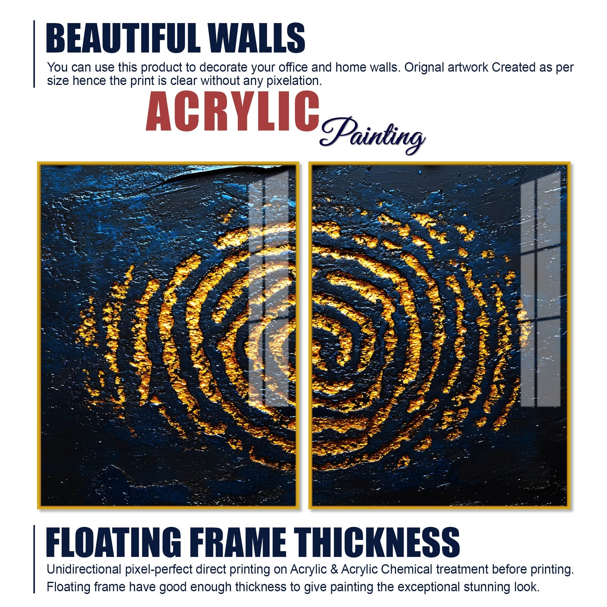 Abstract Dark Blue Background Golden Textured Acrylic Floating Wall Painting Set of 2