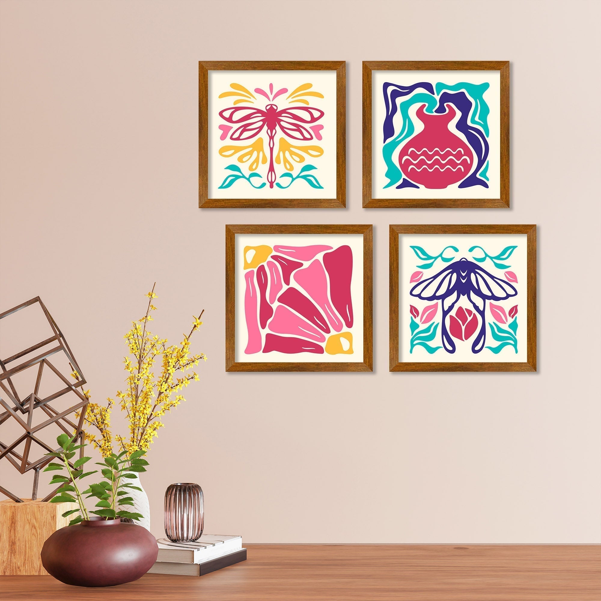 Abstract Groovy Floral Art Wall Frame Set of Four