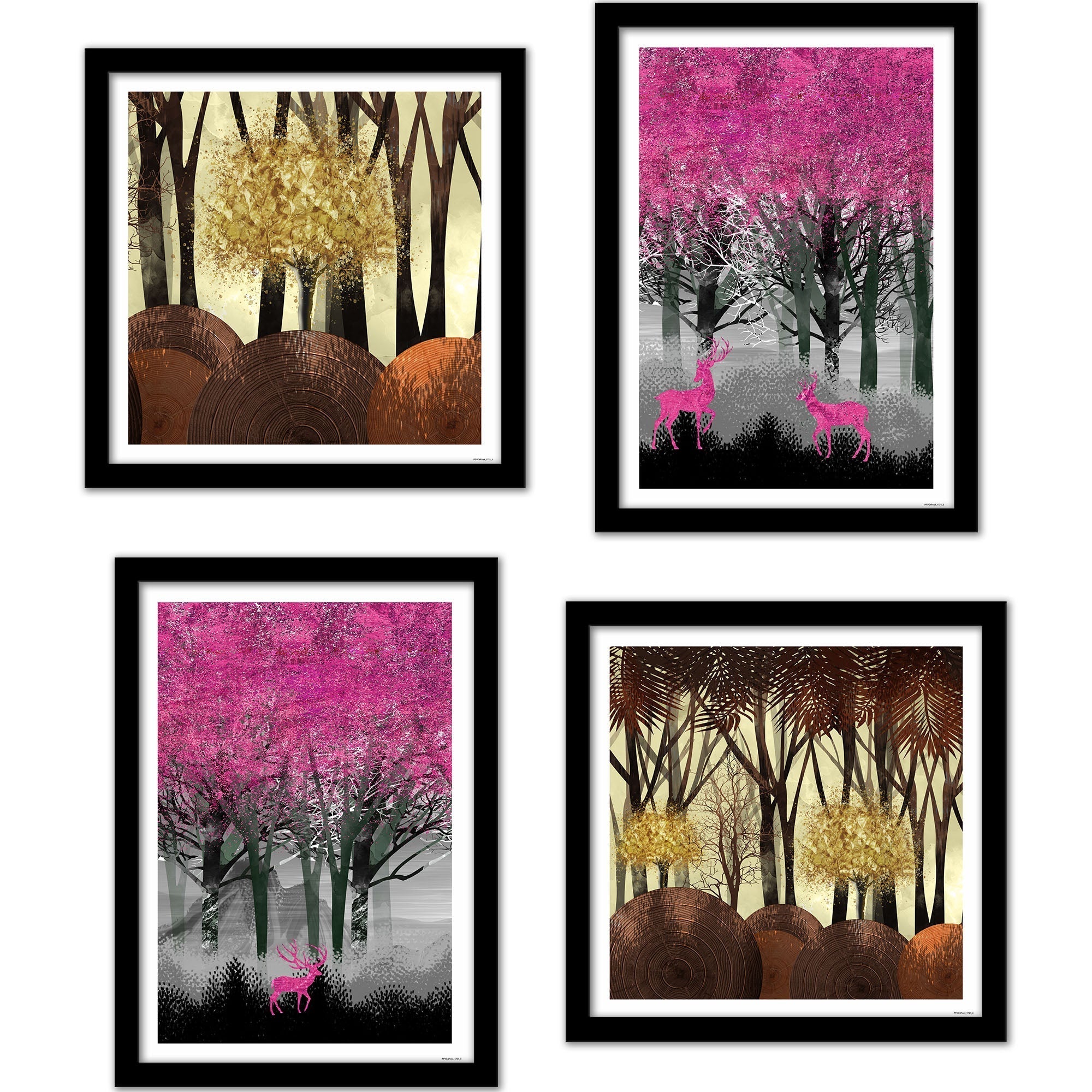 Beautiful Dark Forest Deer Wall Frame Set of Four