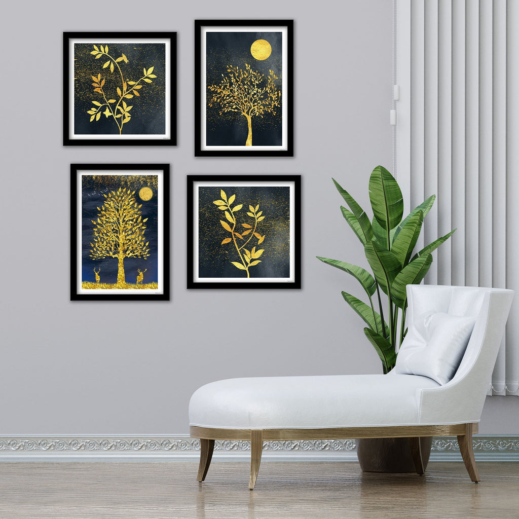 Beautiful Golden Leaf Tree Wall Frame Set of Four