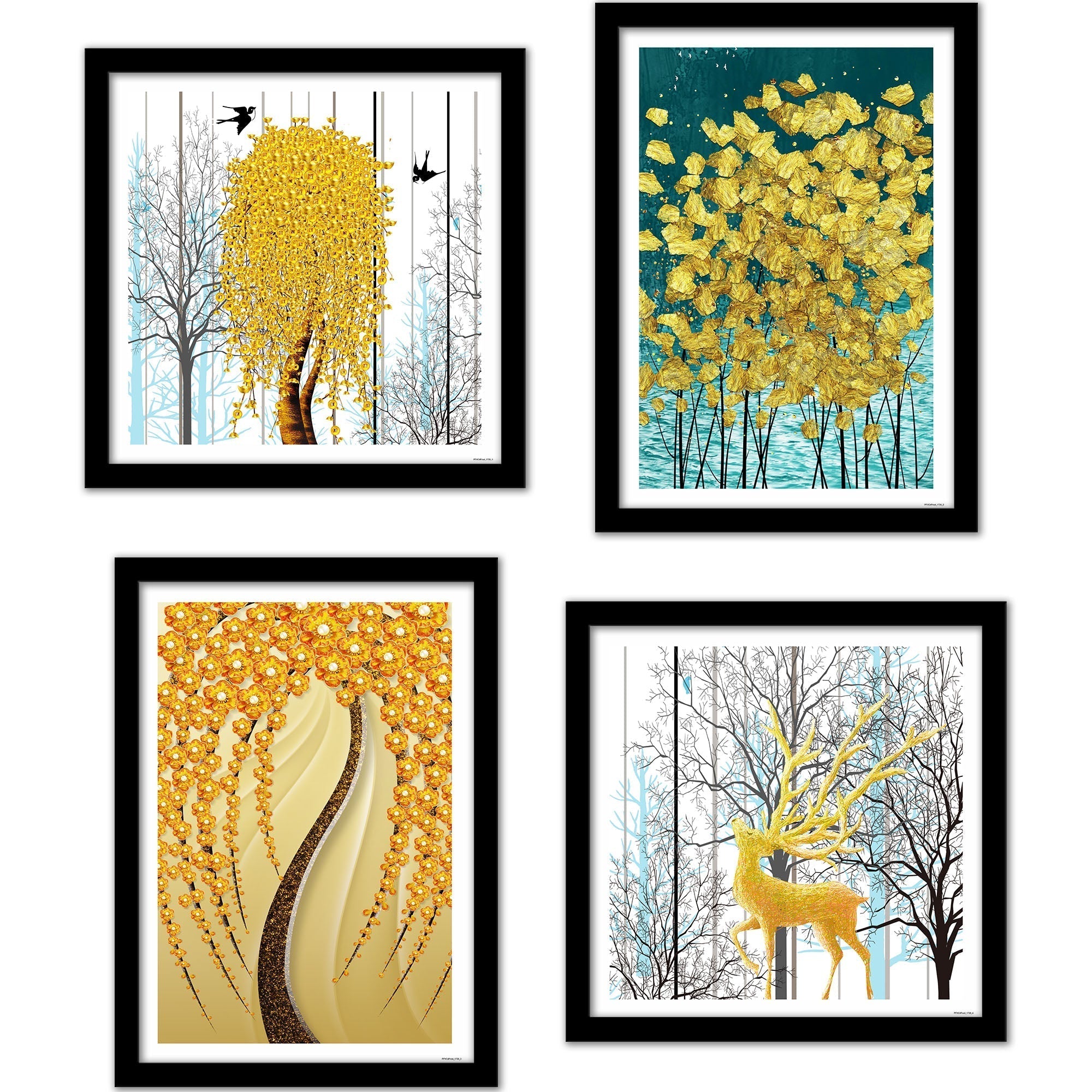 Beautiful Golden Textured Flower Art Wall Frame Set of Four