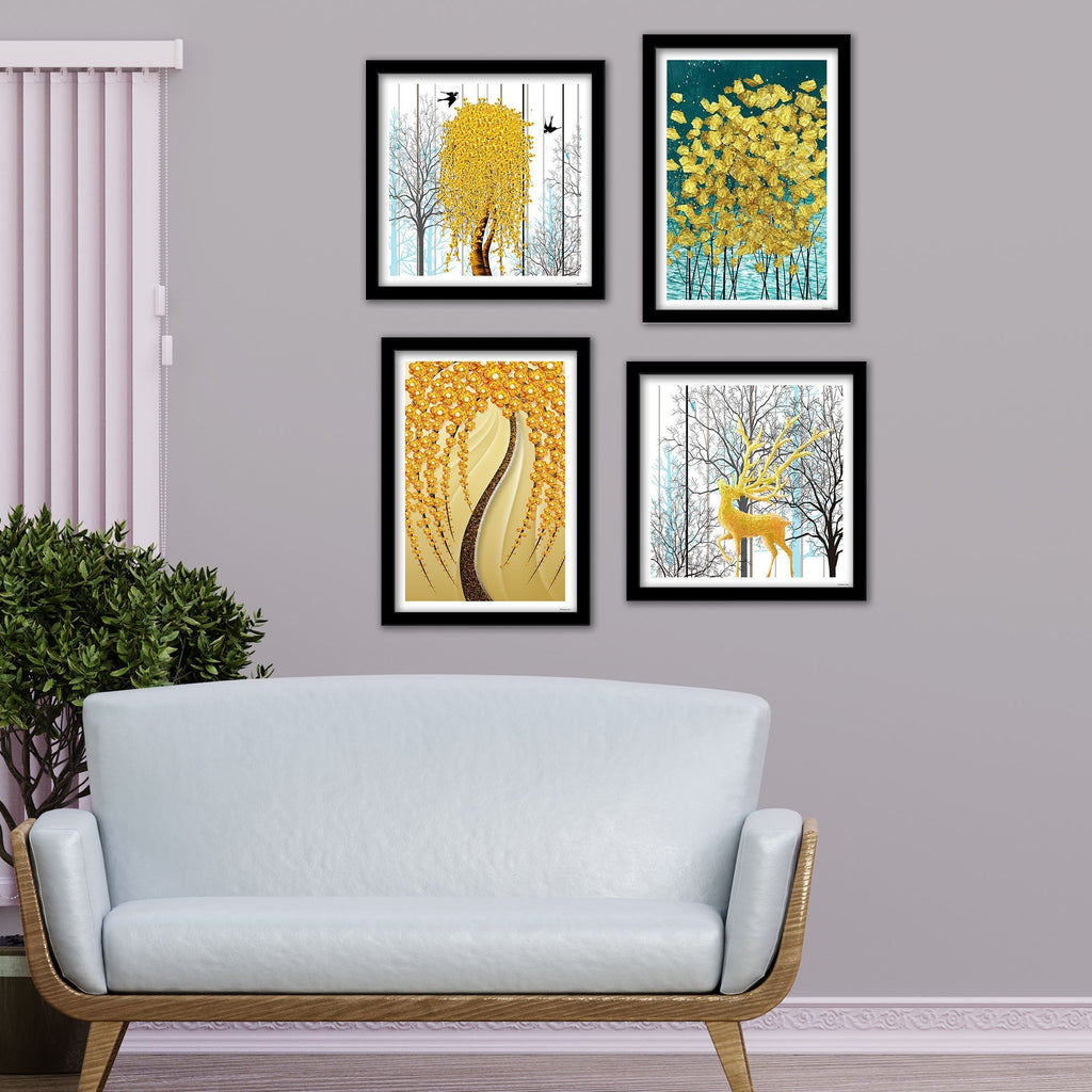 Beautiful Golden Textured Flower Art Wall Frame Set of Four