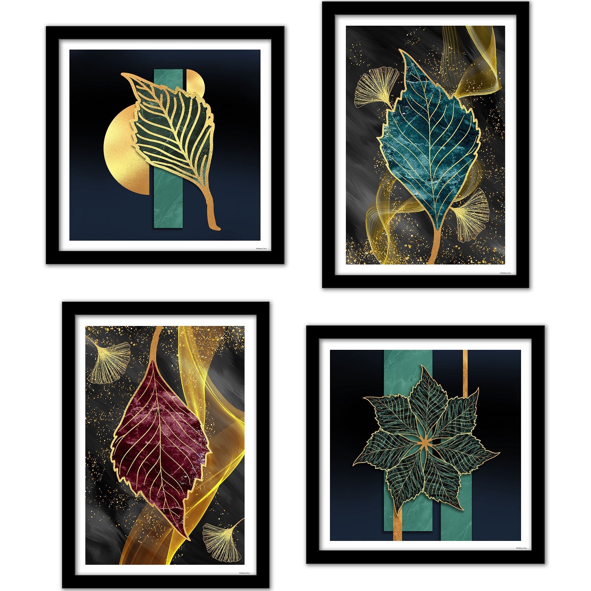 Beautiful Shiny Golden Leaves Premium Wall Frame Set of Four