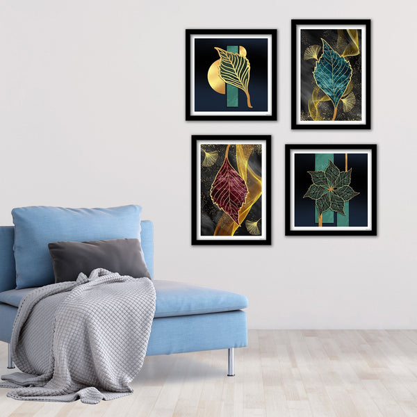 Beautiful Shiny Golden Leaves Premium Wall Frame Set of Four
