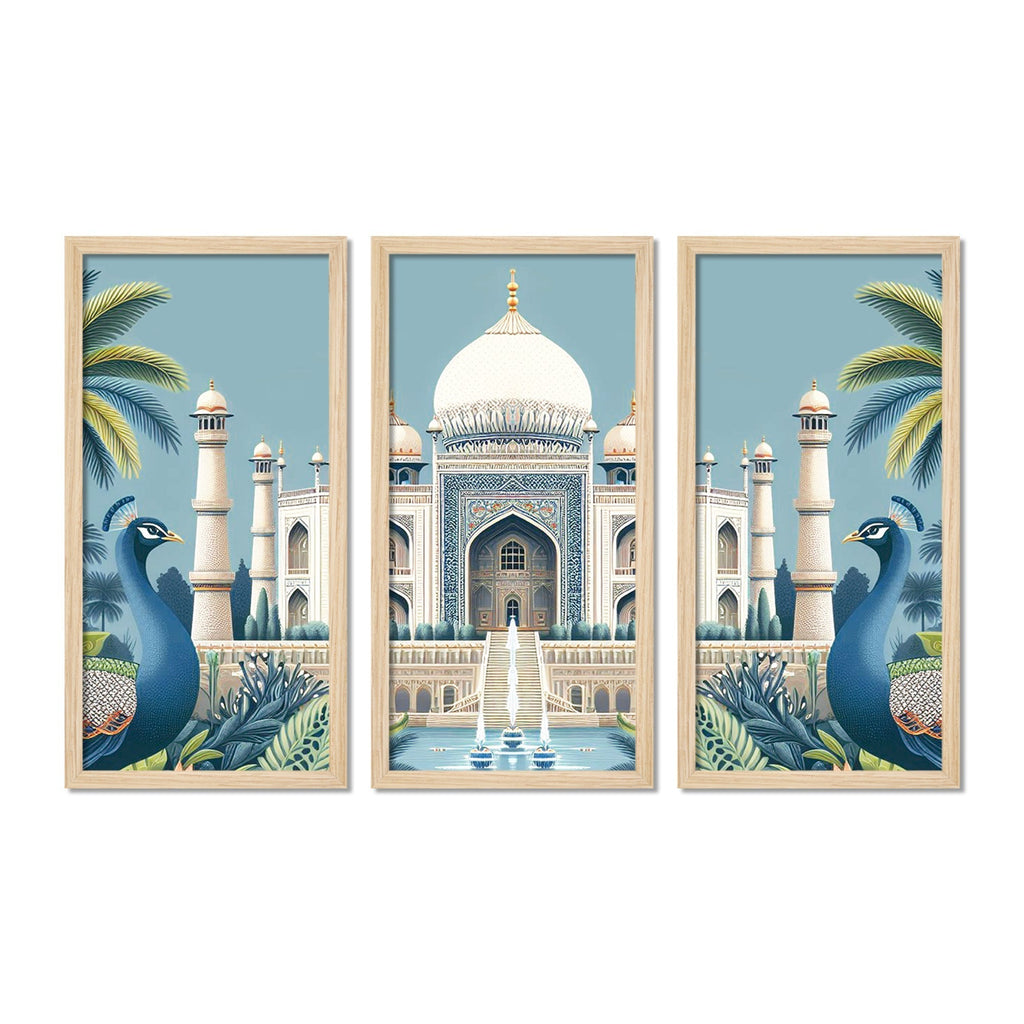 Beautiful View of Taj Mahal Classic Art Wooden Wall Frame Set of Three